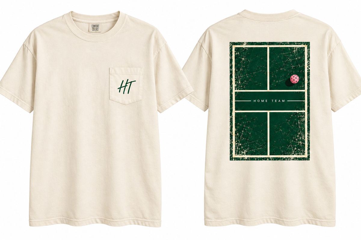 Cream Home Team pickleball court pocket tee front and back