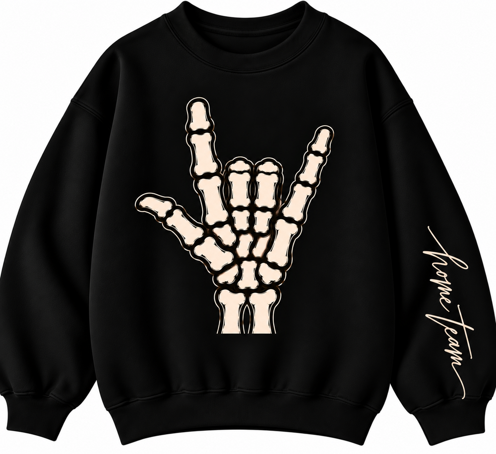 Black skeleton hand sweatshirt with Home Team sleeve script